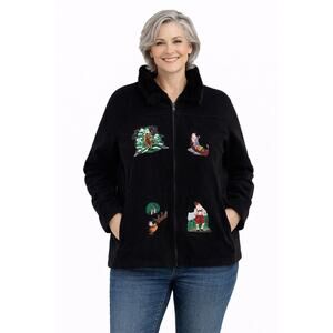 Nick & Sarah Christmas Black Full Zip Fleece Jacket Embroidered Womens 2x